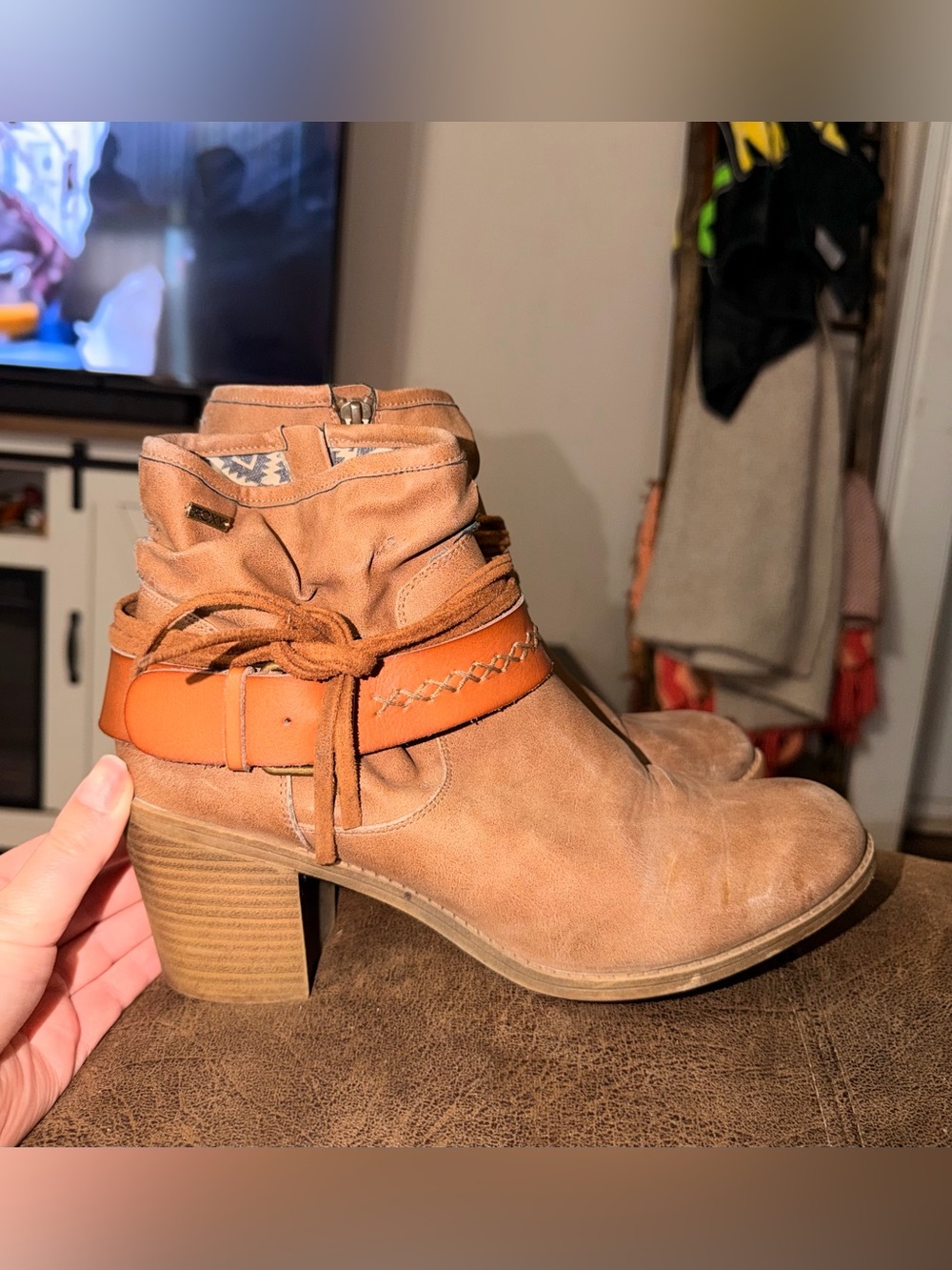 Roxy Tan Suede Heeled Ankle Boots with Wrap Strap - 9
